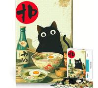 Puzzle da 1000 pezzi con gatto nero,ramen e sakè,decorazione a incastro,regalo rompicapo,gioco di pace,opera d'arte natalizia 50x75cm