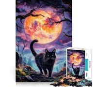 Puzzle da 1000 pezzi con gatto nero sotto la luna di sangue,disegno ritagliato con precisione,sfida intelligente e divertente,gioco per il tempo libero,regalo decorativo natalizio 38x52cm