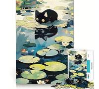 Puzzle da 1000 pezzi con gatto nero su ninfee e riflessi,bordi sottili,ideale per attività creative,giochi per il tempo libero e come regalo di compleanno 50x75cm