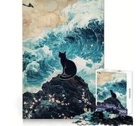 Puzzle da 1000 pezzi con gatto nero su roccia e onde, ideale per adolescenti, per esercizi mentali, relax e per creare un'atmosfera piacevole Perfetto per Natale (50x75cm)