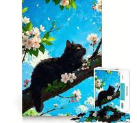 Puzzle da 1000 pezzi con gatto nero su un albero in fiore,bordi fini,ideale per lavori creativi,svago e come regalo di compleanno 50x75cm