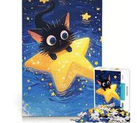 Puzzle da 1000 pezzi con gatto nero su una stella, gioco educativo, rilassante e stimolante per la mente, ideale come decorazione da scrivania 38x52cm