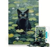 Puzzle da 1000 pezzi con gatto nero tra le ninfee,gioco di costruzione con incastri precisi,gioco di concentrazione,gioco tranquillo,divertimento per compleanni 38x26cm