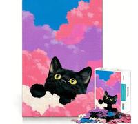 Puzzle da 1000 pezzi con gatto nero tra nuvole rosa,gioco di precisione con bordi perfetti,giocattolo per allenare la mente,divertimento a gioco lento,regalo di compleanno 38x52cm