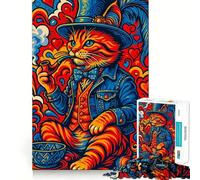Puzzle da 1000 pezzi con gatto psichedelico e gentiluomo che fuma la pipa, gioco cognitivo per adolescenti, attività rilassante, assemblaggio di motivi, opera d'arte 38x26cm