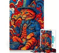 Puzzle da 1000 pezzi con gatto psichedelico e gentiluomo che fuma la pipa, ideale per adolescenti Gioco di logica, attività per la casa, bordi trasparenti, regalo perfetto 38x52cm