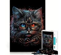 Puzzle da 1000 pezzi con gatto retrò e occhiali, ideale per ragazzi, gioco di logica e divertimento in famiglia, con bordi trasparenti e una piacevole sorpresa (38x52cm)