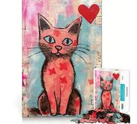 Puzzle da 1000 pezzi con gatto rosa e cuore per San Valentino,ideale per adolescenti Un'attività divertente che stimola la mente,richiede precisione nel taglio e favorisce il rilassamento (50x75cm)