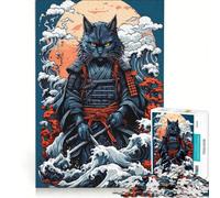 Puzzle da 1000 pezzi con gatto samurai giapponese, antistress, divertente e spiritoso, ideale come decorazione da scrivania 38x52cm