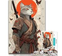 Puzzle da 1000 pezzi con gatto samurai giapponese, per adulti e ragazzi, con poster abbinato e foglio di quiz per età 14 anni, 26x38cm