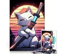 Puzzle da 1000 pezzi con gatto samurai,stile retrò,taglio premium,gioco creativo per stimolare la mente,momento di pace e divertimento,decorazione natalizia da parete (50x75cm)