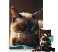 Puzzle da 1000 pezzi con gatto siamese in tazza da caffè, ideale per adolescenti, per migliorare la memoria e favorire il gioco rilassante, con bordi ben definiti 38x26cm