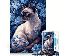 Puzzle da 1000 pezzi con gatto siamese tra fiori blu, ideale per ragazzi, perfetto per il tempo libero Taglio preciso, regalo stagionale 38x26cm