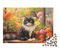 Puzzle da 1000 pezzi con gatto soffice alla finestra, gatto in smoking in un giardino fiorito, gioco educativo per adulti, bellissima decorazione, difficoltà, regalo di compleanno. 52x38cm/1000pcs