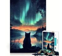 Puzzle da 1000 pezzi con gatto sotto l'aurora boreale e luci del nordBordo fineAttività creativa per stimolare la mente,rilassante e divertente,regalo di Natale (38x52cm)
