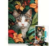 Puzzle da 1000 pezzi con gatto tra la vegetazione tropicale,taglio preciso,divertente sfida mentale,gioco per il tempo libero,compleanno,attività artistica (38x26cm)