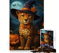 Puzzle da 1000 pezzi con ghepardo e strega per Halloween, ideale per adulti, un regalo che stimola la mente e offre una fuga rilassante Dimensioni perfette, un pensiero speciale per Natale (38x52cm)