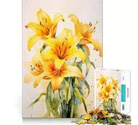 Puzzle da 1000 pezzi con gigli gialli ad acquerello per adolescenti,gioco di abilità mentale,taglio laser per un incastro perfetto,rilassante attività di gruppo al chiuso (38x52cm)