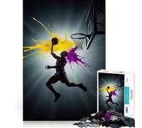 Puzzle da 1000 pezzi con giocatore di basket che schiaccia a canestro e schizzi di vernice Gioco di precisione sui bordi,stimolante per la mente,per un gioco lento e divertente,ideale come