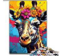 Puzzle da 1000 pezzi con giraffa che indossa fiori, per adulti, dimensioni 26x38cm, per adolescenti e famiglie, perfetto come decorazione fai da te e sfida rompicapo.