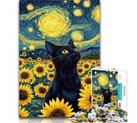 Puzzle da 1000 pezzi con girasole e gatto nero, puzzle da 1000 pezzi per adolescenti, regalo, impegnativo e difficile, con pezzi completamente interconnessi e di forma casuale, 50x75cm