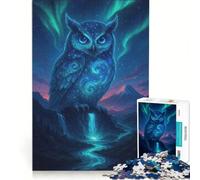 Puzzle da 1000 pezzi con gufo celeste che osserva un paesaggio con cascata, antistress, divertente e spiritoso, adatto come decorazione da scrivania 38x52cm