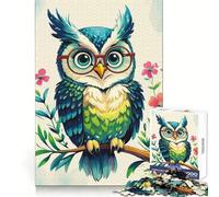 Puzzle da 1000 pezzi con gufo dei cartoni animati e occhiali su un ramo, ideale per adolescenti Un'attività che stimola la memoria e rilassa la mente Taglio uniforme, un pensiero natalizio (38x52cm)