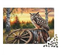 Puzzle da 1000 pezzi con gufo su ceppo d'albero e gufo su ruota di carro al tramonto, gioco educativo per adulti, decorazione per la casa, sfida di alta difficoltà,compleanni, 70x50 cm.