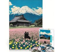 Puzzle da 1000 pezzi con il gatto nero e il monte Fuji, giocattolo fai-da-te, rilassante e stimolante per la mente, compleanno e Natale 50x75cm