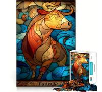 Puzzle da 1000 pezzi con il segno zodiacale del Toro e vetrata artistica, ideale per adolescenti Gioco di logica per attività domestiche, bordi trasparenti, regalo perfetto 38x52cm