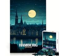 Puzzle da 1000 pezzi con illustrazione dello skyline notturno di Amburgo,Germania,taglio perfetto,divertente sfida mentale,gioco per momenti di relax e divertimento,attività per compleanno (38x52cm)