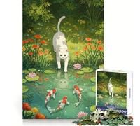 Puzzle da 1000 pezzi con illustrazione di gatto e laghetto di koi per adolescenti, ideale per il benessere mentale, il tempo libero e il divertimento Perfetto per creare un bel puzzle da regalare