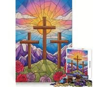 Puzzle da 1000 pezzi con illustrazione di tre croci in vetro colorato per ragazzi, gioco di logica e divertimento rilassante con bordi lisci, idea regalo creativa 50x75cm