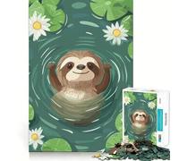 Puzzle da 1000 pezzi con illustrazione di un bradipo che nuota in uno stagno di ninfee, ideale per ragazzi Gioco di logica, divertimento al chiuso, bordi precisi, pezzo da collezione 38x26cm