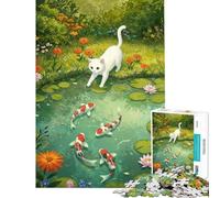 Puzzle da 1000 pezzi con illustrazione di un gatto bianco e uno stagno di carpe koi Aiuta ad allenare la mente è un'attività per tutta la famiglia e un gioco pratico per ragazzi dai 14 anni Dimensioni
