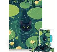 Puzzle da 1000 pezzi con illustrazione di un gatto nero in uno stagno di ninfee,ritaglio preciso,sfida intelligente e divertente,gioco per il tempo libero,regalo di Natale 50x75cm