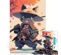 Puzzle da 1000 pezzi con illustrazione di un gatto samurai Gioco di logica e pensiero creativo in stile giapponese,ideale per la camera da letto,per momenti di relax e per il compleanno (50x75cm)