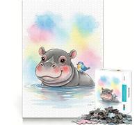 Puzzle da 1000 pezzi con illustrazione di un ippopotamo e un uccello ad acquerello,ideale per ragazzi Gioco stimolante per la mente,incastro,senza spazi vuoti,attività rilassante di gruppo