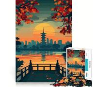 Puzzle da 1000 pezzi con illustrazione di un paesaggio giapponese al tramonto con pagoda Taglio preciso,gioco di abilità cognitive,divertimento per il tempo libero,regalo di Natale rilassante 38x26cm