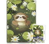 Puzzle da 1000 pezzi con illustrazione di un simpatico bradipo in uno stagno di ninfee, rilassante, da solo, momento di tranquillità, taglio preciso, giocattolo da gioco, dimensioni 38x26cm