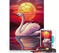 Puzzle da 1000 pezzi con immagine di un cigno al tramonto in vetro colorato, ideale per adulti, per stimolare la memoria e creare un'immagine piacevole e rilassante 38x26cm