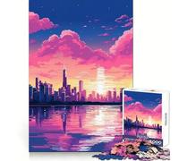 Puzzle da 1000 pezzi con immagine di un tramonto di Chicago in pixel art, ideale per adolescenti Stimola la memoria, rilassa la mente e offre un divertimento di qualità Regalo perfetto (38x52cm)
