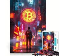 Puzzle da 1000 pezzi con insegna al neon Bitcoin e paesaggio urbano,disegno a incastro preciso,gioco cognitivo,gioco rilassante,regalo di compleanno (38x26cm)