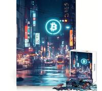 Puzzle da 1000 pezzi con insegna al neon Bitcoin e paesaggio urbano, ideale per adulti, per migliorare la concentrazione, il tempo ben speso e creare un'atmosfera magica durante il Natale (38x52cm)