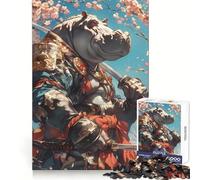 Puzzle da 1000 pezzi con ippopotamo samurai e fiori di ciliegio, ideale per ragazzi, un gioco di logica e divertimento silenzioso, con incastri precisi e un regalo perfetto (38x52cm)