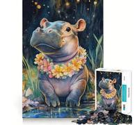 Puzzle da 1000 pezzi con ippopotamo sorridente e fiori per adulti e ragazzi, ideale per migliorare la memoria, rilassare la mente e creare un'atmosfera magica, perfetto come regalo di Natale 38x52cm
