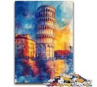 Puzzle da 1000 pezzi con la Torre di Pisa al tramonto, impegnativo da completare ma divertente e umoristico, con poster abbinato e foglio di quiz (50x75cm)