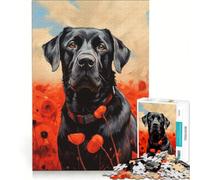 Puzzle da 1000 pezzi con Labrador nero tra i papaveri, decorazione da parete, regalo di compleanno, compleanno e Natale 38x52cm