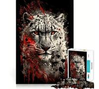 Puzzle da 1000 pezzi con leopardo delle nevi e schizzi rossi, ideale per adulti, per stimolare la mente e il divertimento, con bordi di alta qualità e un'opera d'arte da collezione (38x26cm)
