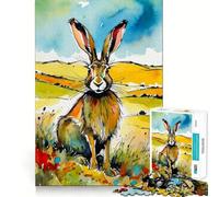 Puzzle da 1000 pezzi con lepre ad acquerello in un campo,gioco di concentrazione mentale,design a incastro preciso,sfida interattiva per il cervello per la casa (38x26cm)